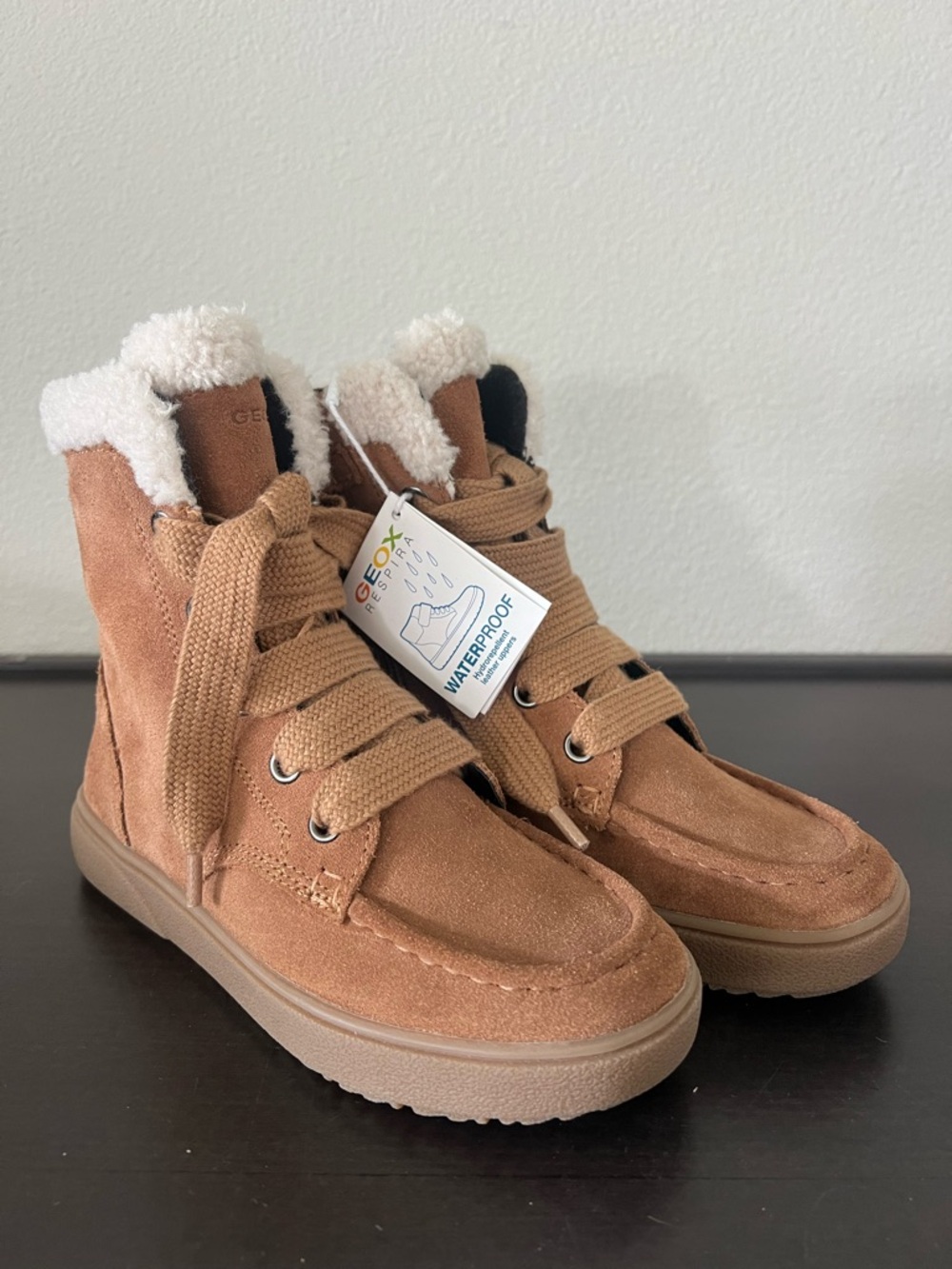 Geox Tan Suede Waterproof Shearling-Trim Ankle Boots girls size 3